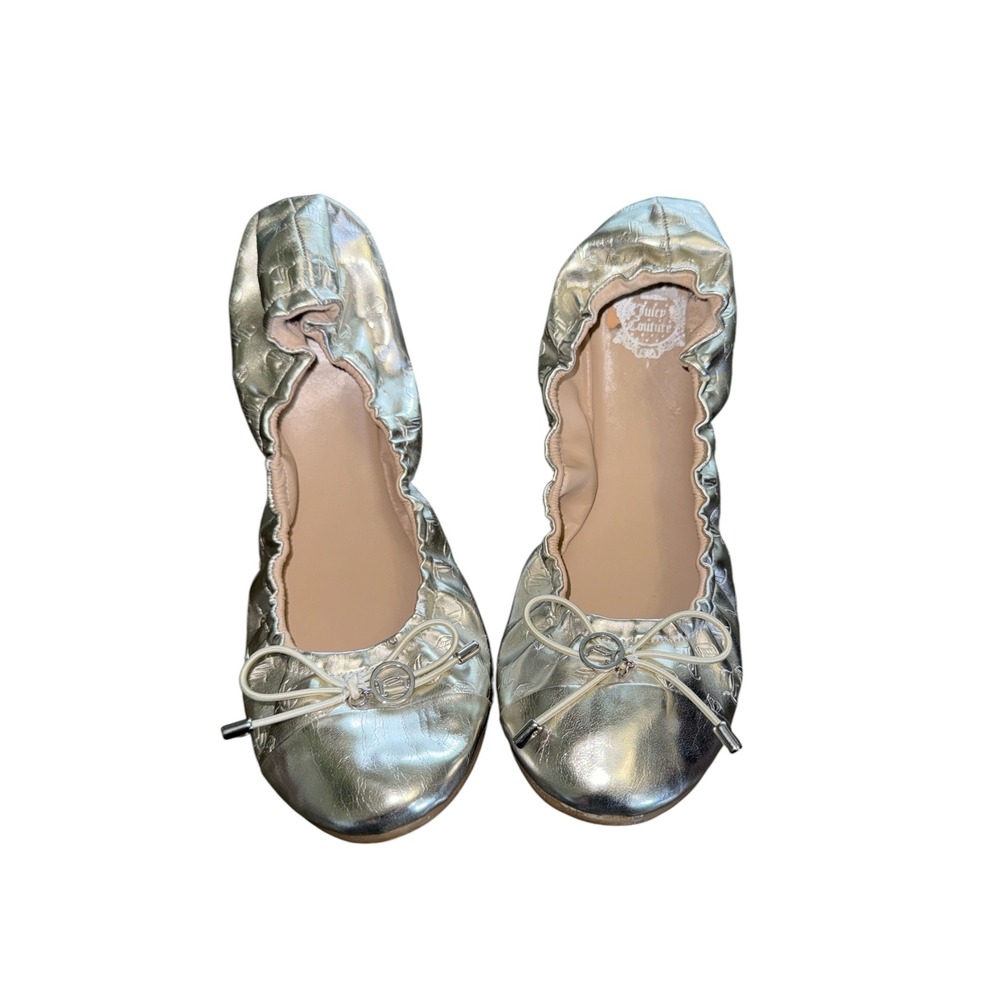 Juicy Couture Womens Silver Metallic Logo Scrunch Ballet Flats Bow Y2K Size 10
